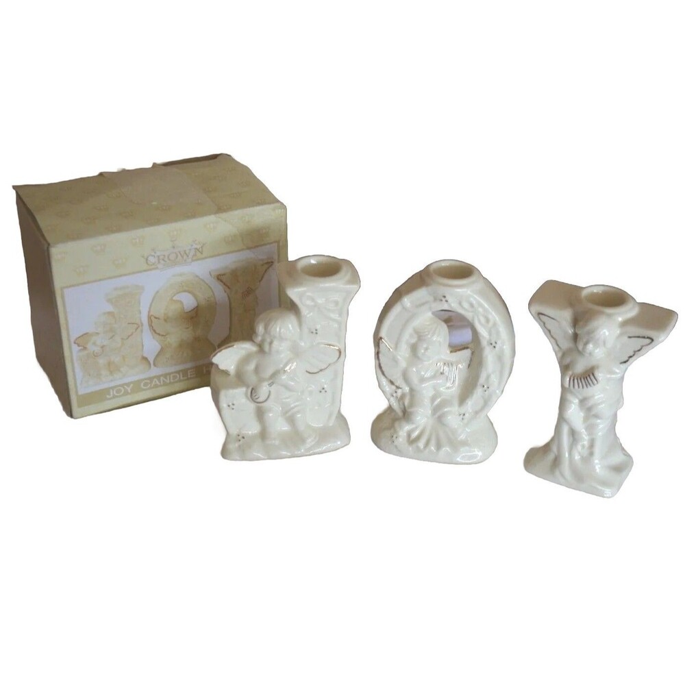 VTG Christmas JOY Angel Cherub Candle Stick Holders Ivory Gold Set 90s Victorian